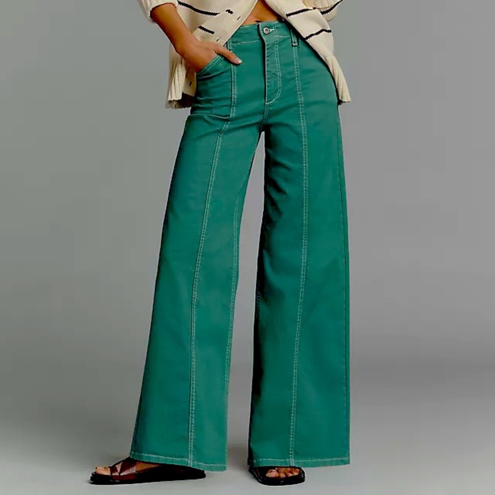 The Delaney Clean-Seamed High-Rise Wide-Leg Jeans by Maeve Kelly green size 26
